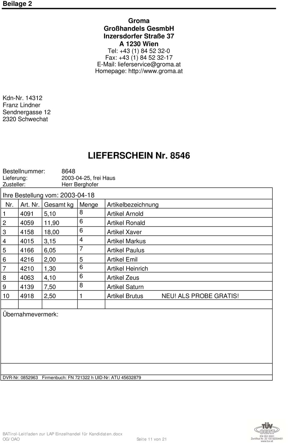 8546 Bestellnummer: 8648 Lieferung: 2003-04-25, frei Haus Zusteller: Herr Berghofer Ihre Bestellung vom: 2003-04-18 Nr.