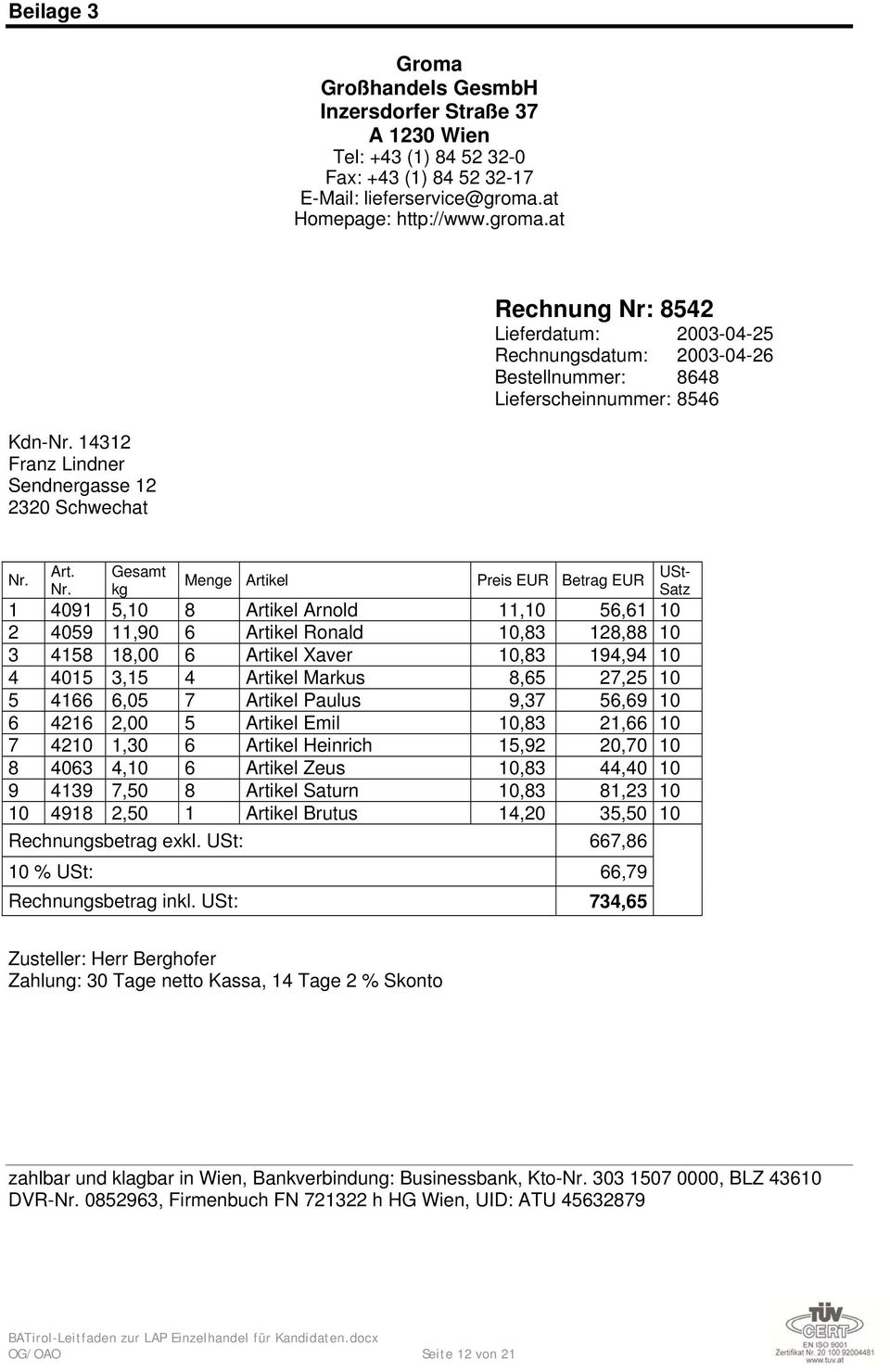 14312 Franz Lindner Sendnergasse 12 2320 Schwechat Nr.