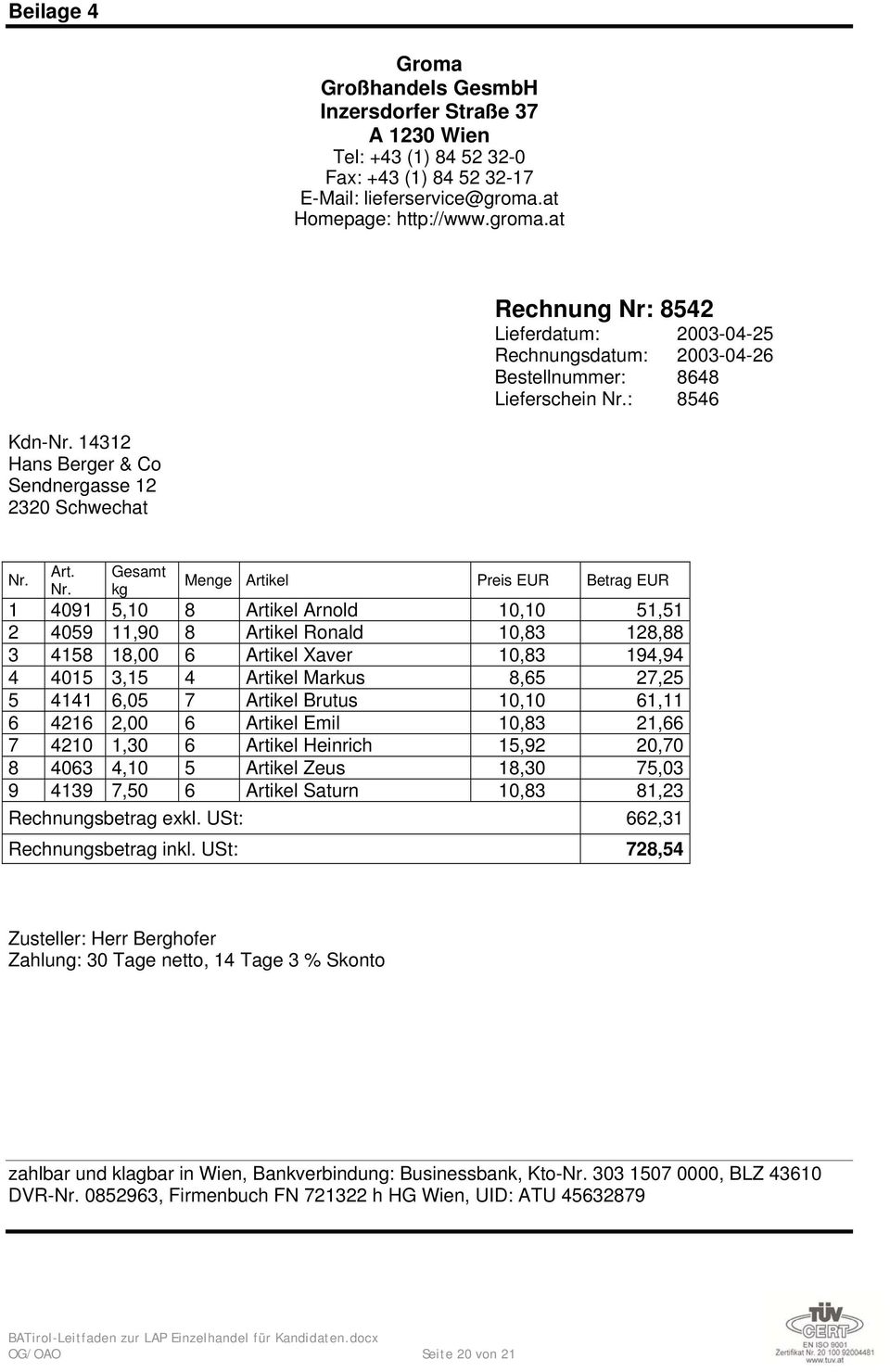 14312 Hans Berger & Co Sendnergasse 12 2320 Schwechat Nr.