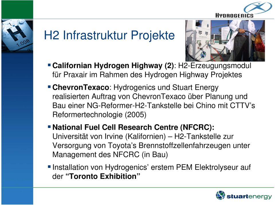 Chino mit CTTV s Reformertechnologie (2005) National Fuel Cell Research Centre (NFCRC): Universität von Irvine (Kalifornien) H2-Tankstelle zur