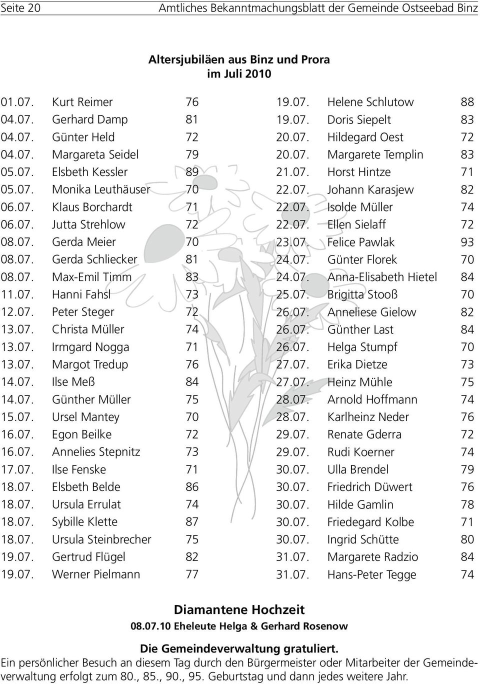 07. Margot Tredup 76 14.07. Ilse Meß 84 14.07. Günther Müller 75 15.07. Ursel Mantey 70 16.07. Egon Beilke 72 16.07. Annelies Stepnitz 73 17.07. Ilse Fenske 71 18.07. Elsbeth Belde 86 18.07. Ursula Errulat 74 18.