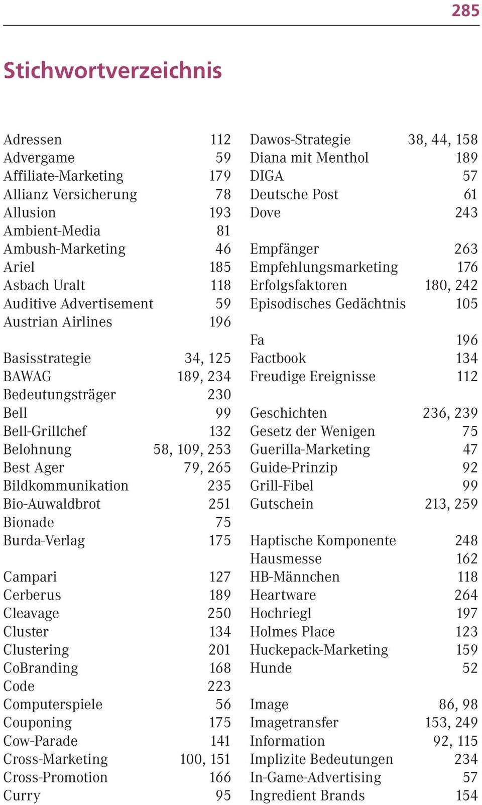 Bionade 75 Burda-Verlag 175 Campari 127 Cerberus 189 Cleavage 250 Cluster 134 Clustering 201 CoBranding 168 Code 223 Computerspiele 56 Couponing 175 Cow-Parade 141 Cross-Marketing 100, 151