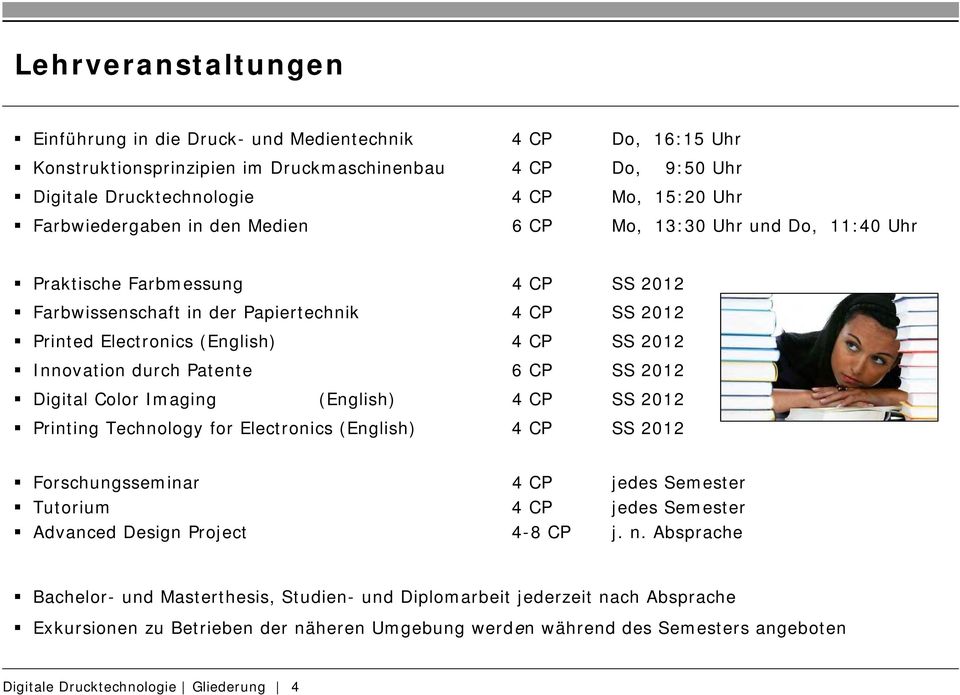 Innovation durch Patente 6 CP SS 2012 Digital Color Imaging (English) 4 CP SS 2012 Printing Technology for Electronics (English) 4 CP SS 2012 Forschungsseminar 4 CP jedes Semester Tutorium 4 CP jedes