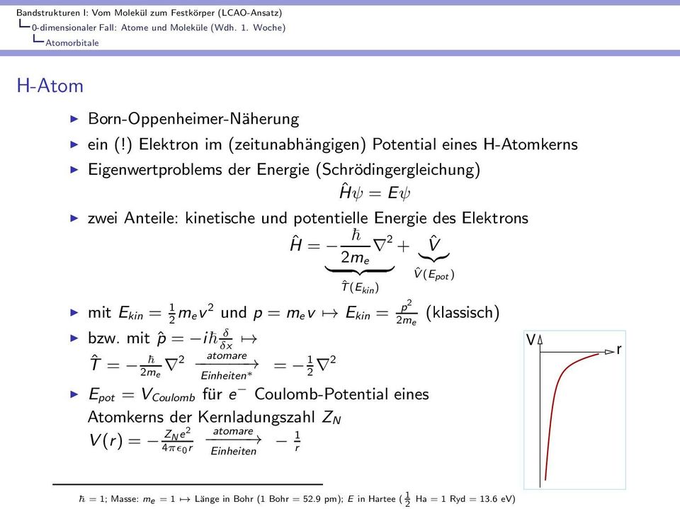 des Elektrons Ĥ = 2 + 2m } {{ e }{{} ˆV } ˆV(E pot) ˆT(E kin ) mit E kin = 1 2 mev2 und p = m ev E kin = p2 2m e (klassisch) bzw.