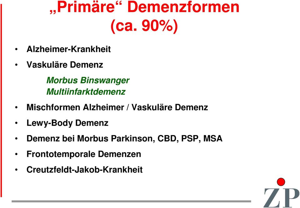 90%) Mischformen Alzheimer / Vaskuläre Demenz Lewy-Body Demenz