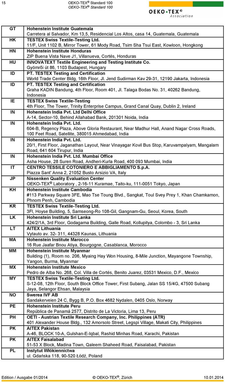 11/F, Unit 1102 B, Mirror Tower, 61 Mody Road, Tsim Sha Tsui East, Kowloon, Hongkong Hohenstein Institute Honduras ZIP Buena Vista Nave J1, Villanueva, Cortés, Honduras INNOVATEXT Textile Engineering