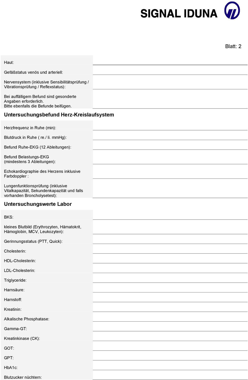 mmhg): Befund Ruhe-EKG (12 Ableitungen): Befund Belastungs-EKG (mindestens 3 Ableitungen): Echokardiographie des Herzens inklusive Farbdoppler : Lungenfunktionsprüfung (inklusive Vitalkapazität,