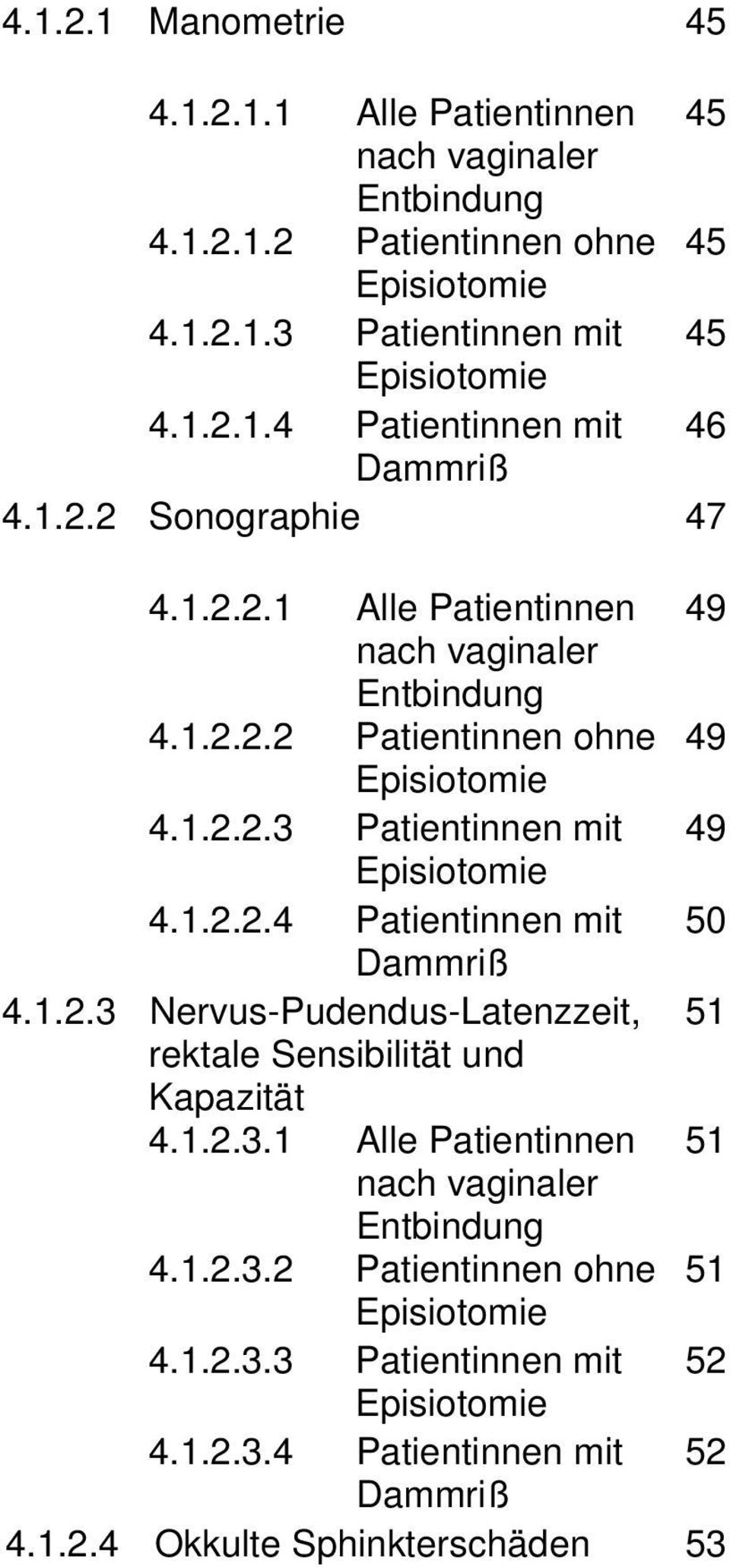 1.2.3 Nervus-Pudendus-Latenzzeit, 51 rektale Sensibilität und Kapazität 4.1.2.3.1 Alle Patientinnen 51 nach vaginaler Entbindung 4.1.2.3.2 Patientinnen ohne 51 Episiotomie 4.