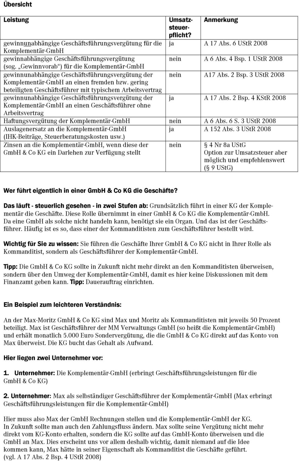 Gewinnvorab ) für die Komplementär-GmbH gewinnunabhängige Geschäftsführungsvergütung der nein A17 Abs. 2 Bsp. 3 UStR 2008 Komplementär-GmbH an einen fremden bzw.