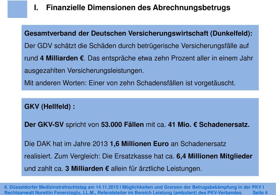 GKV (Hellfeld) : Der GKV-SV spricht von 53.000 Fällen mit ca. 41 Mio. Schadenersatz. Die DAK hat im Jahre 2013 1,6 Millionen Euro an Schadenersatz realisiert. Zum Vergleich: Die Ersatzkasse hat ca.