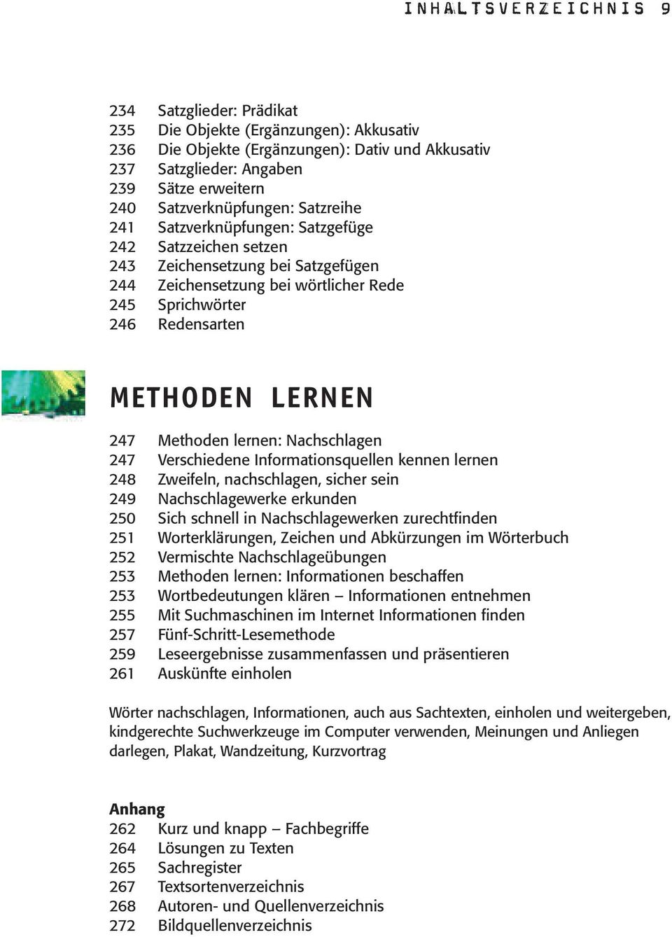 METHODEN LERNEN 247 Methoden lernen: Nachschlagen 247 Verschiedene Informationsquellen kennen lernen 248 Zweifeln, nachschlagen, sicher sein 249 Nachschlagewerke erkunden 250 Sich schnell in