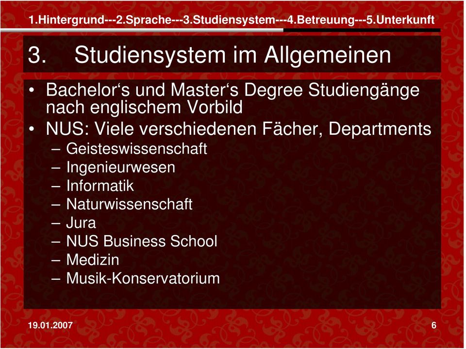 englischem Vorbild NUS: Viele verschiedenen Fächer, Departments Geisteswissenschaft