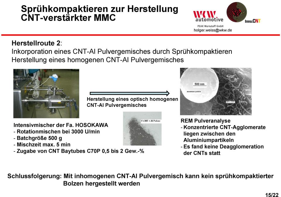 homogenen CNT-Al Pulvergemisches Intensivmischer der Fa. HOSOKAWA - Rotationmischen bei 3000 U/min - Batchgröße 500 g - Mischzeit max.