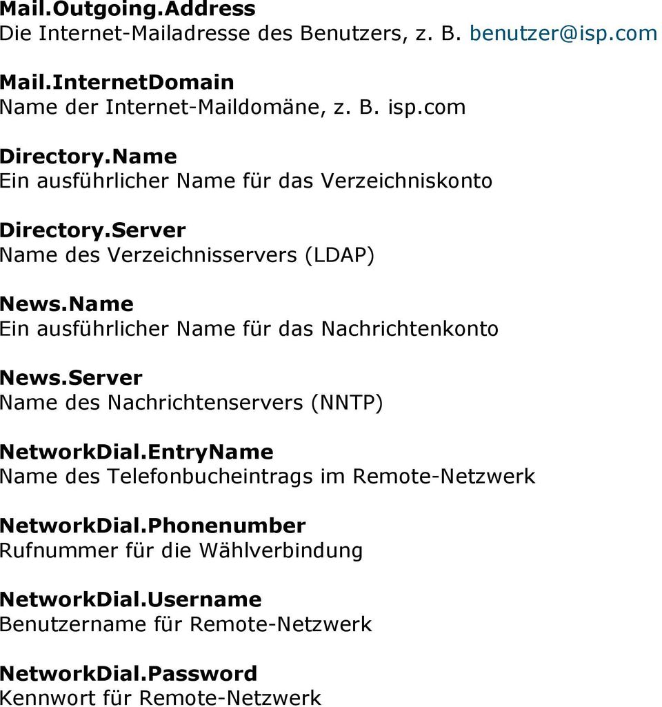 Name Ein ausführlicher Name für das Nachrichtenkonto News.Server Name des Nachrichtenservers (NNTP) NetworkDial.