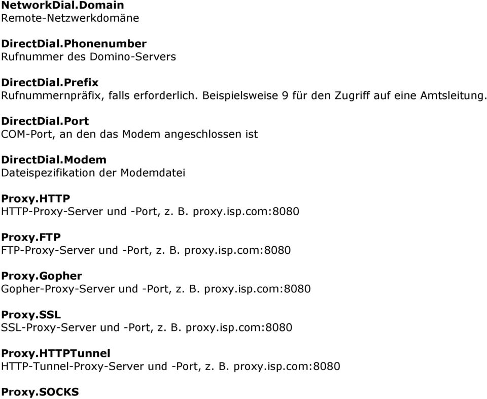Modem Dateispezifikation der Modemdatei Proxy.HTTP HTTP-Proxy-Server und -Port, z. B. proxy.isp.com:8080 Proxy.FTP FTP-Proxy-Server und -Port, z. B. proxy.isp.com:8080 Proxy.Gopher Gopher-Proxy-Server und -Port, z.