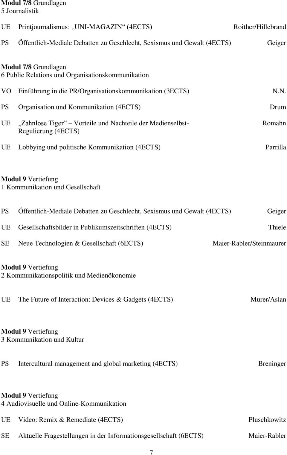 N. PS Organisation und Kommunikation (4ECTS) Drum UE Zahnlose Tiger Vorteile und Nachteile der Medienselbst- Romahn Regulierung (4ECTS) UE Lobbying und politische Kommunikation (4ECTS) Parrilla 1