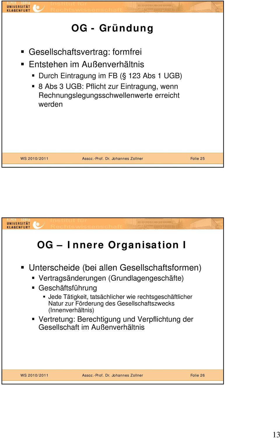 Johannes Zollner Folie 25 OG Innere Organisation I Unterscheide (bei allen Gesellschaftsformen) Vertragsänderungen (Grundlagengeschäfte) Geschäftsführung