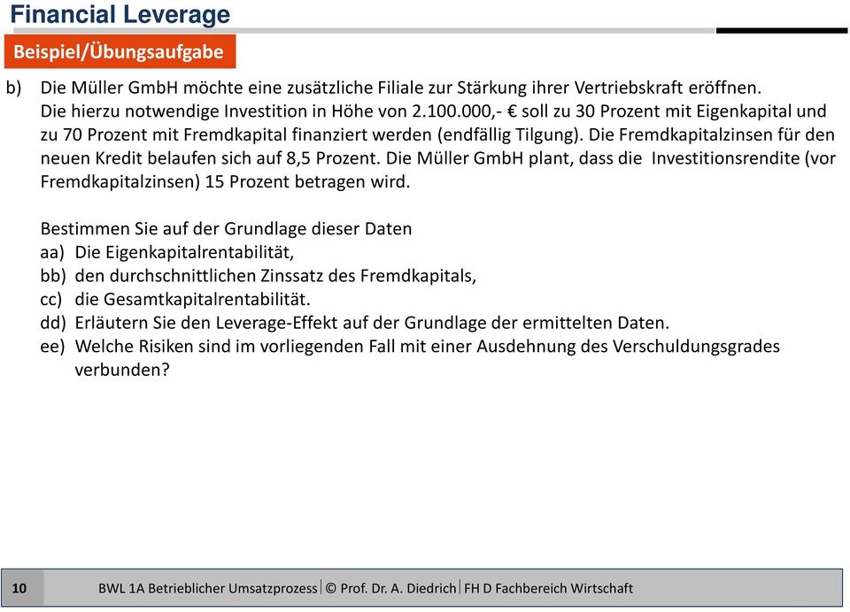 Die Müller GmbH plant, dass die Investitionsrendite (vor Fremdkapitalzinsen) 15 Prozent betragen wird.