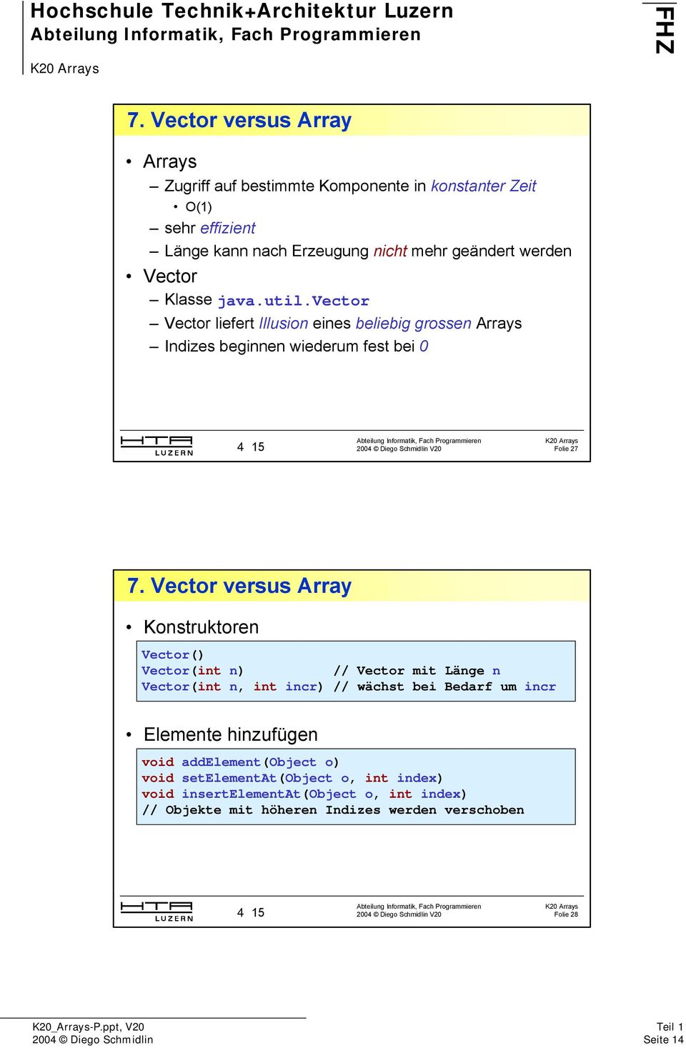 Vector versus Array Konstruktoren Vector() Vector(int n) // Vector mit Länge n Vector(int n, int incr) // wächst bei Bedarf um incr Elemente hinzufügen