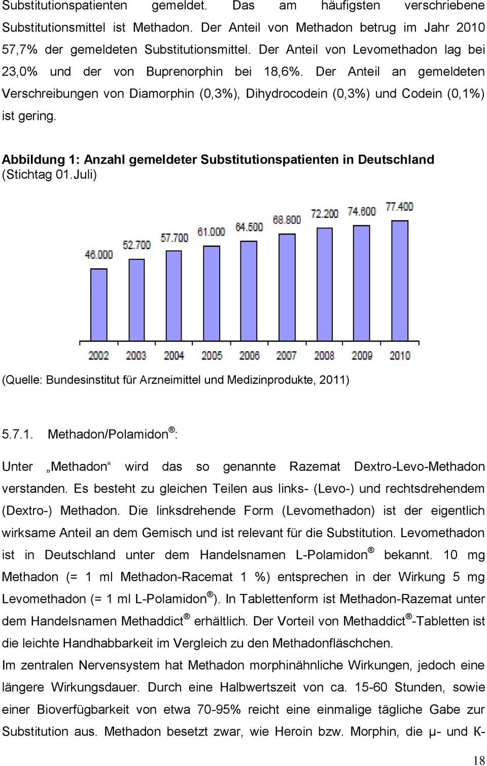 Abbildung 1: Anzahl gemeldeter Substitutionspatienten in Deutschland (Stichtag 01.Juli) (Quelle: Bundesinstitut für Arzneimittel und Medizinprodukte, 2011) 5.7.1. Methadon/Polamidon : Unter Methadon wird das so genannte Razemat Dextro-Levo-Methadon verstanden.