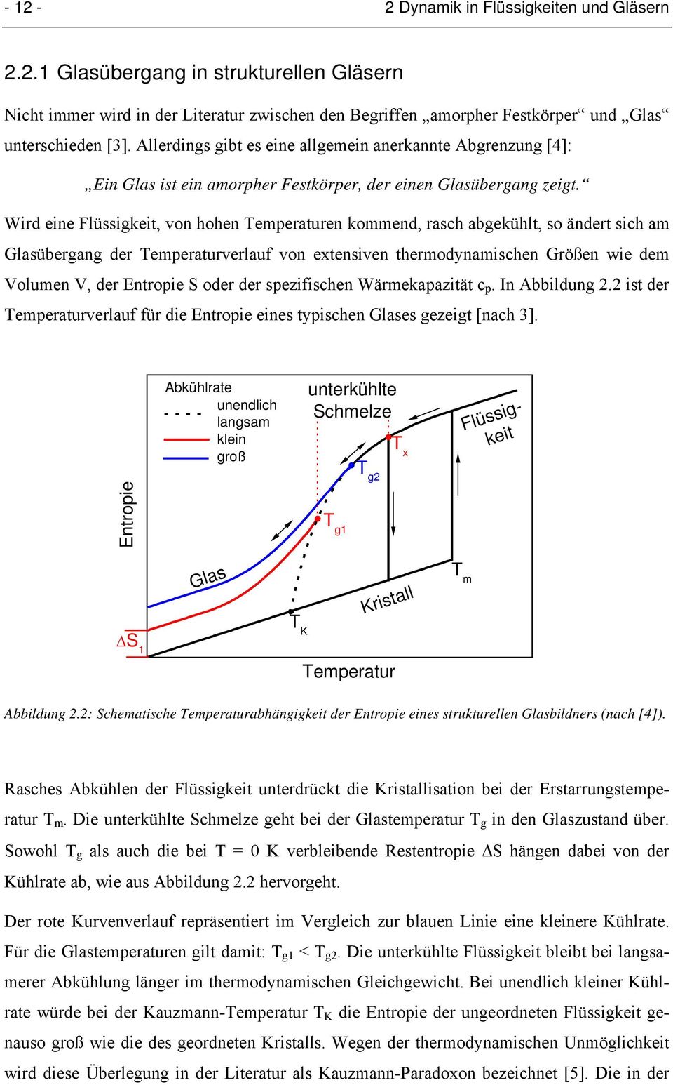 Wird eine Flüssigkeit, von hohen Temperaturen kommend, rasch abgekühlt, so ändert sich am Glasübergang der Temperaturverlauf von extensiven thermodynamischen Größen wie dem Volumen V, der Entropie S