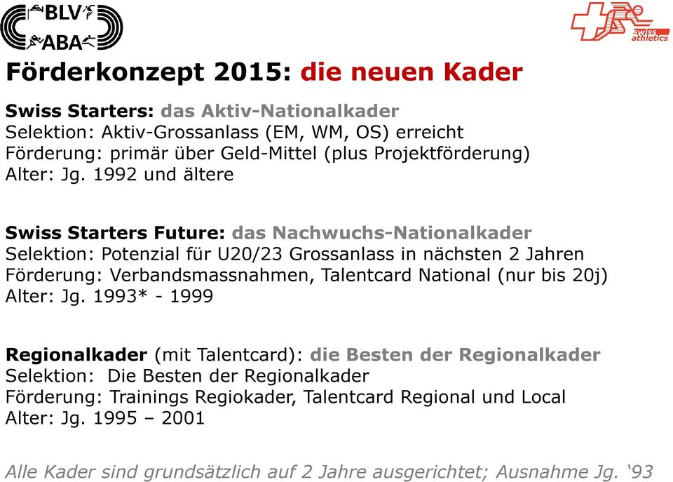 1992 und ältere Swiss Starters Future: das Nachwuchs-Nationalkader Selektion: Potenzial für U20/23 Grossanlass in nächsten 2 Jahren Förderung: Verbandsmassnahmen,