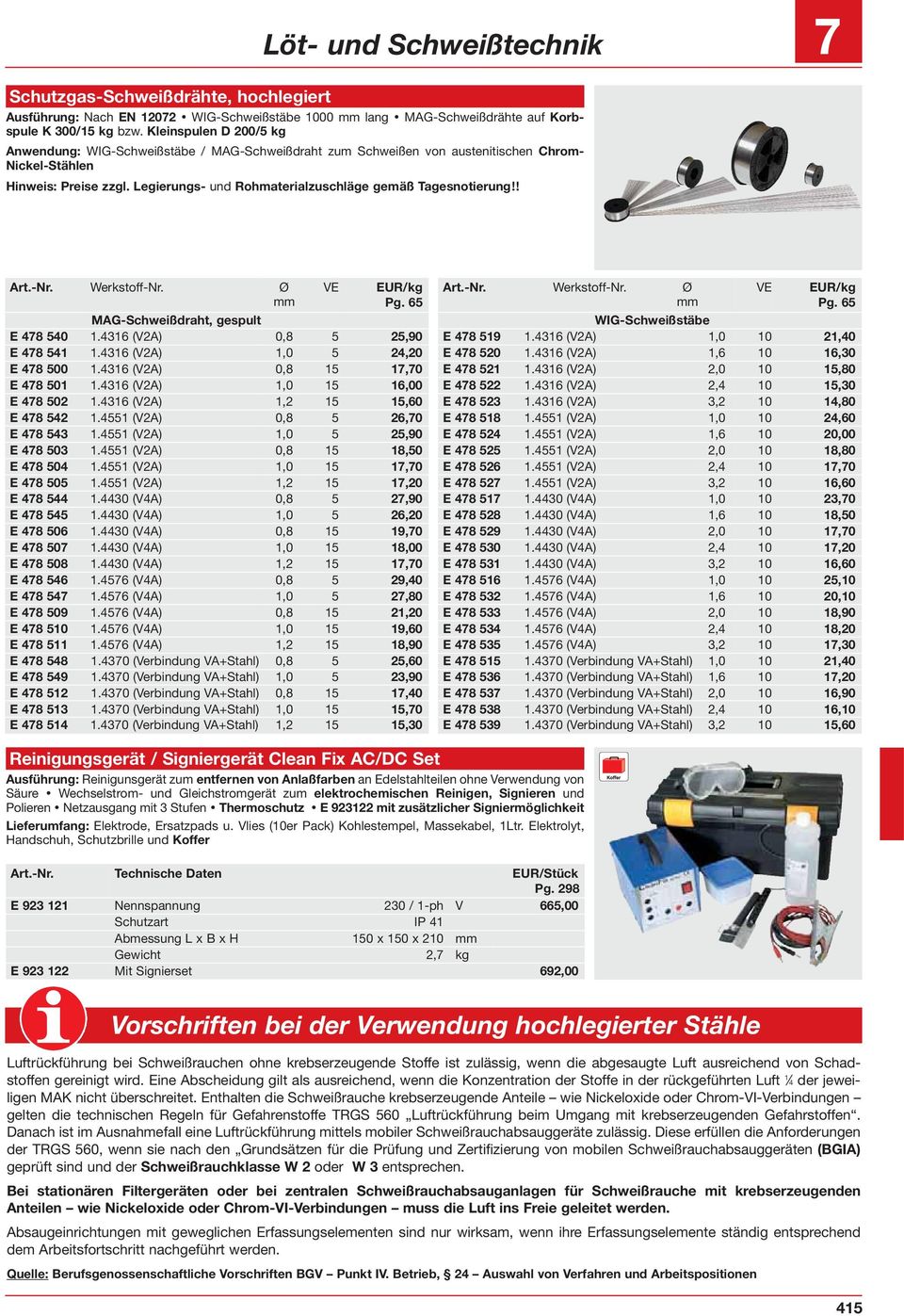 Legierungs- und Rohmaterialzuschläge gemäß Tagesnotierung!! Werkstoff-Nr. Ø EUR/kg Pg. 65 MAG-Schweißdraht, gespult E 478 540 1.4316 (V2A) 0,8 5 25,90 E 478 541 1.4316 (V2A) 1,0 5 24,20 E 478 500 1.