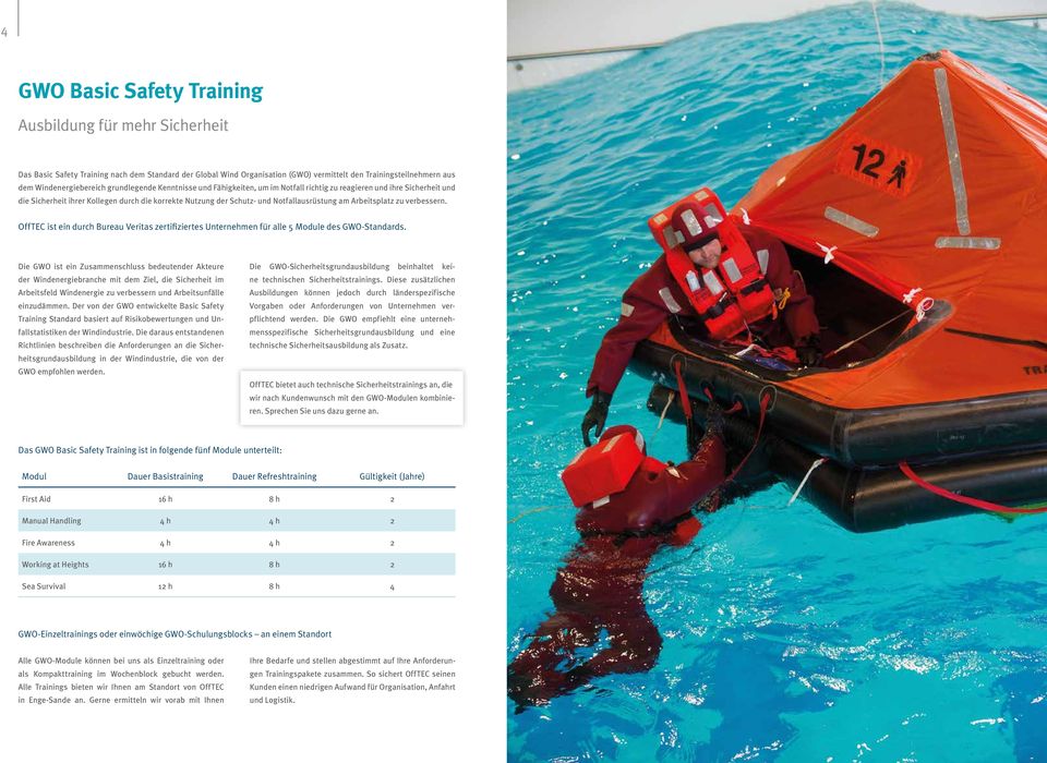 Notfallausrüstung am Arbeitsplatz zu verbessern. OffTEC ist ein durch Bureau Veritas zertifiziertes Unternehmen für alle 5 Module des GWO-Standards.