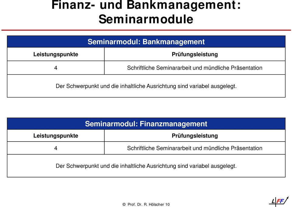 Seminarmodul: Finanzmanagement Leistungspunkte Prüfungsleistung 4 Schriftliche Seminararbeit  Prof. Dr. R.
