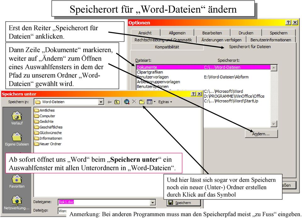 gewählt wird. Ab sofort öffnet uns Word beim Speichern unter ein Auswahlfenster mit allen Unterordnern in Word-Dateien.