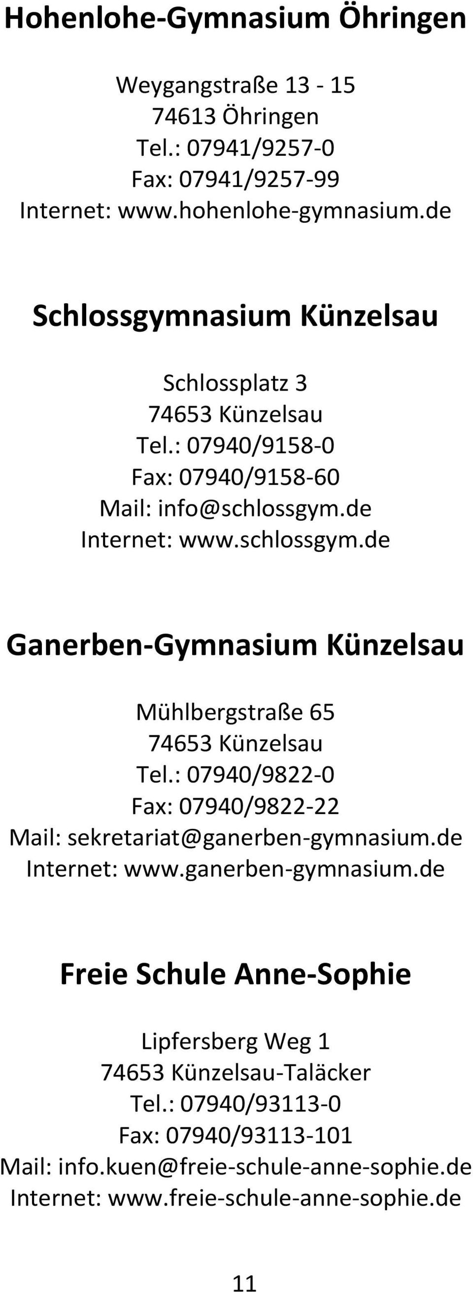 de Internet: www.schlossgym.de Ganerben-Gymnasium Künzelsau Mühlbergstraße 65 74653 Künzelsau Tel.
