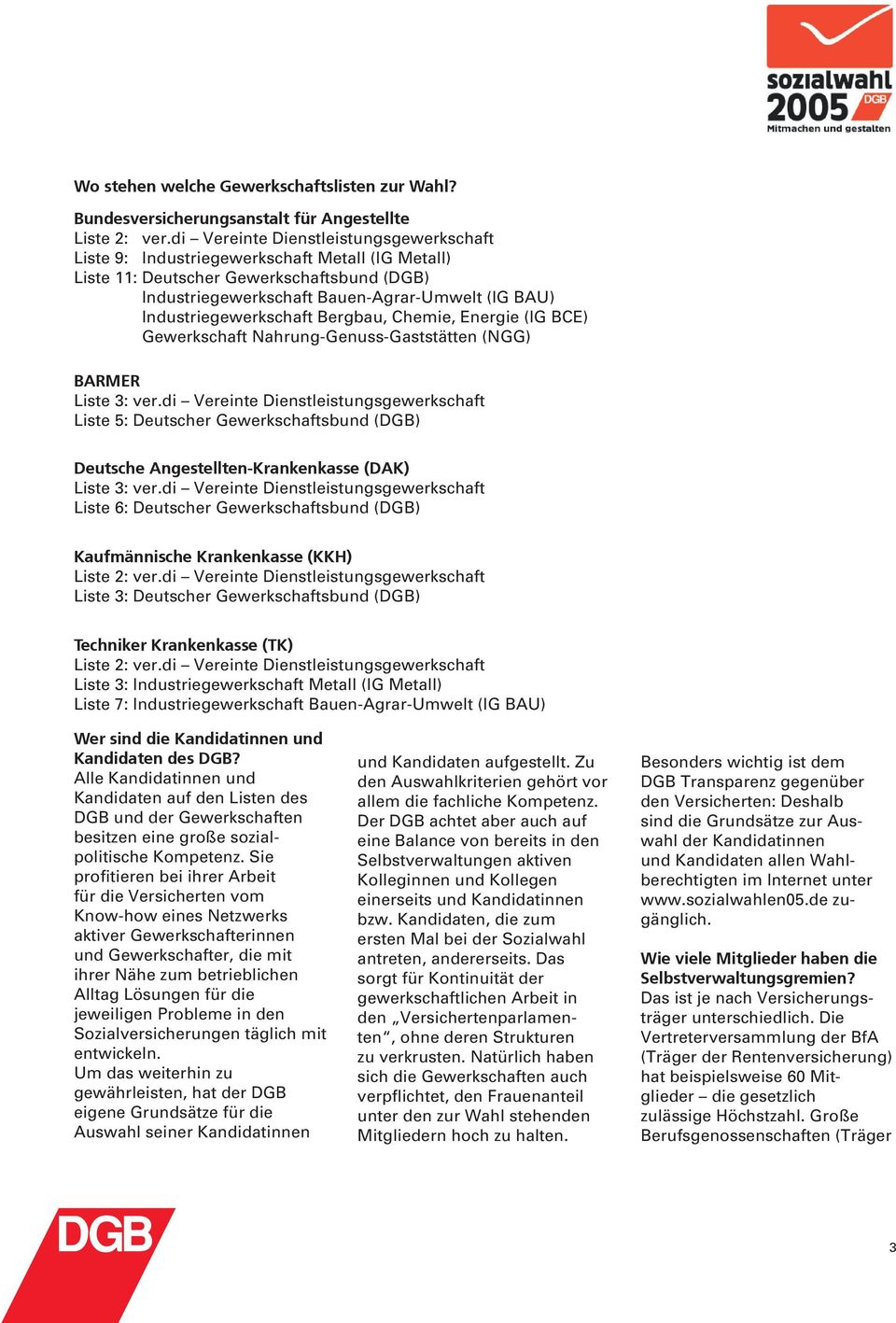 Industriegewerkschaft Bergbau, Chemie, Energie (IG BCE) Gewerkschaft Nahrung-Genuss-Gaststätten (NGG) BARMER Liste 3: ver.