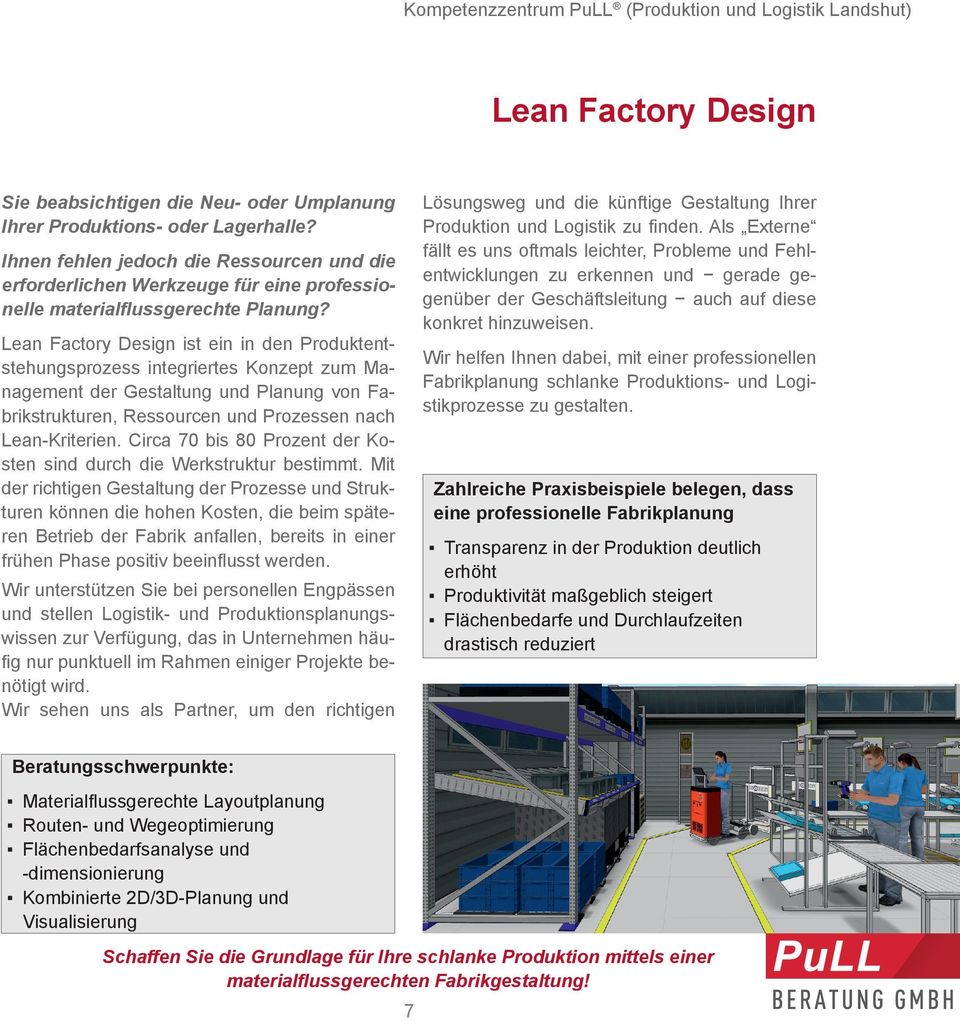 Lean Factory Design ist ein in den Produktentstehungsprozess integriertes Konzept zum Management der Gestaltung und Planung von Fabrikstrukturen, Ressourcen und Prozessen nach Lean-Kriterien.