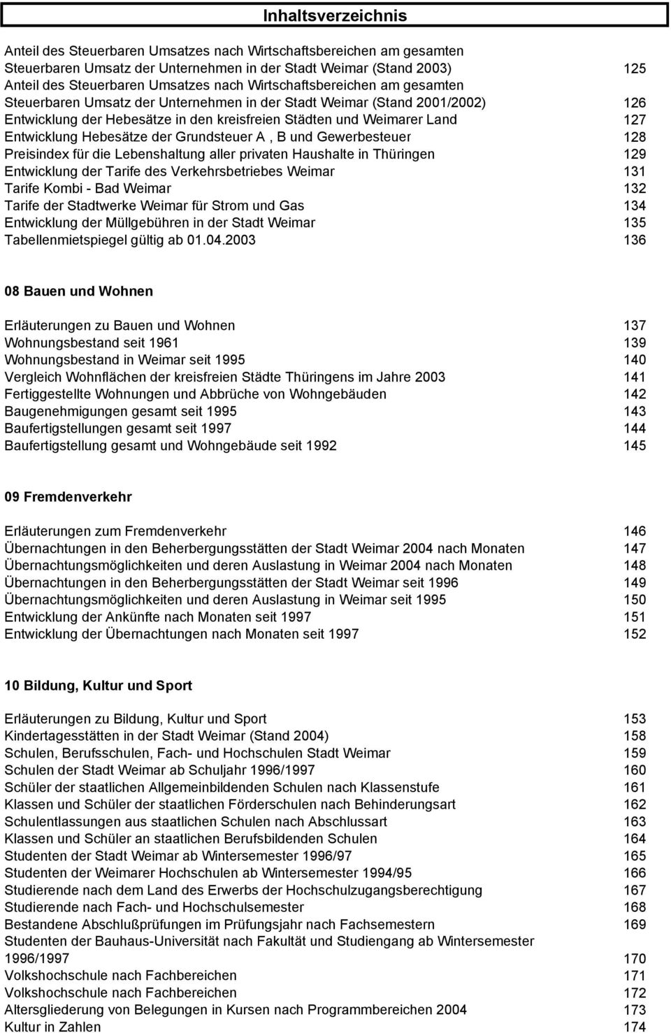 Hebesätze der Grundsteuer A, B und Gewerbesteuer 128 Preisindex für die Lebenshaltung aller privaten Haushalte in Thüringen 129 Entwicklung der Tarife des Verkehrsbetriebes Weimar 131 Tarife Kombi -