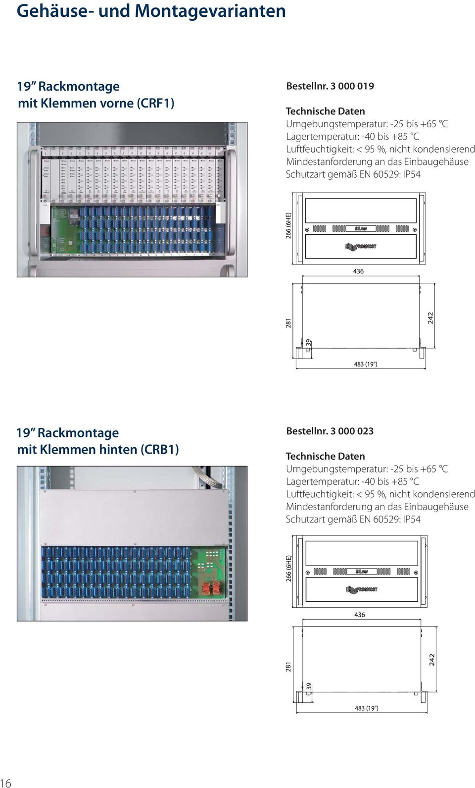 Mindestanforderung an das Einbaugehäuse Schutzart gemäß EN 60529: IP54 19 Rackmontage mit Klemmen hinten (CRB1) Bestellnr.