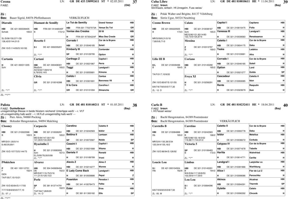 Calato DE 421 000339405 Schwb 165/2 SL/S/08/150,57/1/39 138,42/0/144,01/0 RA 001 91446545 173/12 Roxette I RA 001 77037073A Venise des Cresles Corrado I RA 001 87354224 Venue Du Tot Elf III Miss Des