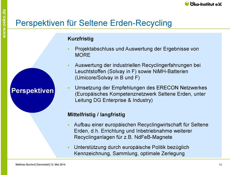 Kompetenznetzwerk Seltene Erden, unter Leitung DG Enterprise & Industry) Mittelfristig / langfristig Aufbau einer europäischen Recyclingwirtschaft für Seltene Erden,