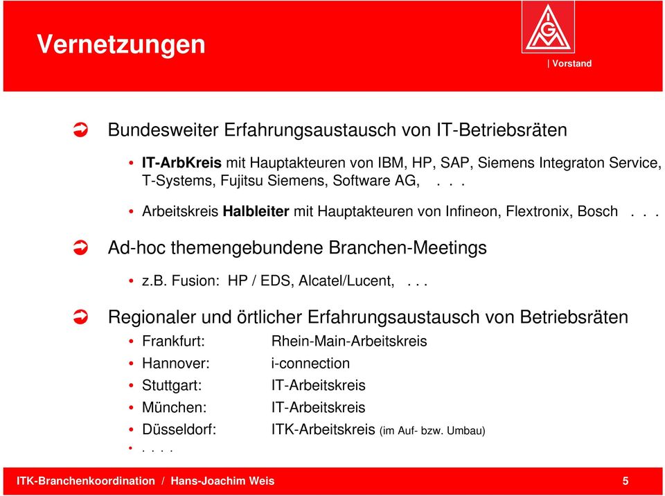 .. Ad-hoc themengebundene Branchen-Meetings z.b. Fusion: HP / EDS, Alcatel/Lucent,.