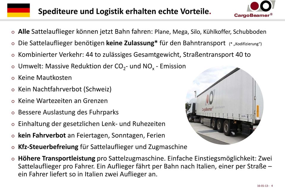 44 to zulässiges Gesamtgewicht, Straßentransport 40 to Umwelt: Massive Reduktion der CO 2 - und NO x - Emission Keine Mautkosten Kein Nachtfahrverbot (Schweiz) Keine Wartezeiten an Grenzen Bessere