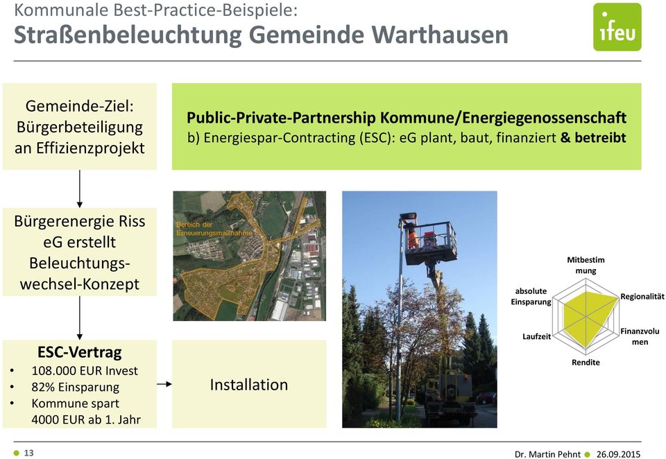 Bürgerenergie Riss eg erstellt Beleuchtungswechsel-Konzept absolute Einsparung Mitbestim mung Regionalität ESC-Vertrag 108.