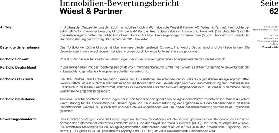sämtliche Anlageliegenschaften der Züblin Immobilien Holding AG bzw. ihren zugehörigen Unternehmen ( ) zum Zweck der Rechnungs legung per Stichtag 30. September 2013 bewertet.