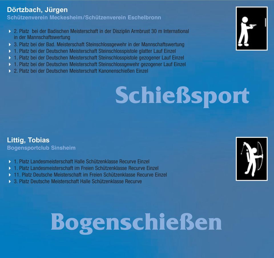 Platz bei der Deutschen Meisterschaft Steinschlosspistole gezogener Lauf Einzel 1. Platz bei der Deutschen Meisterschaft Steinschlossgewehr gezogener Lauf Einzel 2.