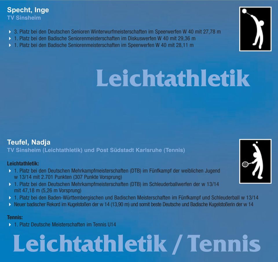 Platz bei den Badische Seniorenmeisterschaften im Speerwerfen W 40 mit 28,11 m Leichtathletik Teufel, Nadja TV Sinsheim (Leichtathletik) und Post Südstadt Karlsruhe (Tennis) Leichtathletik: 1.