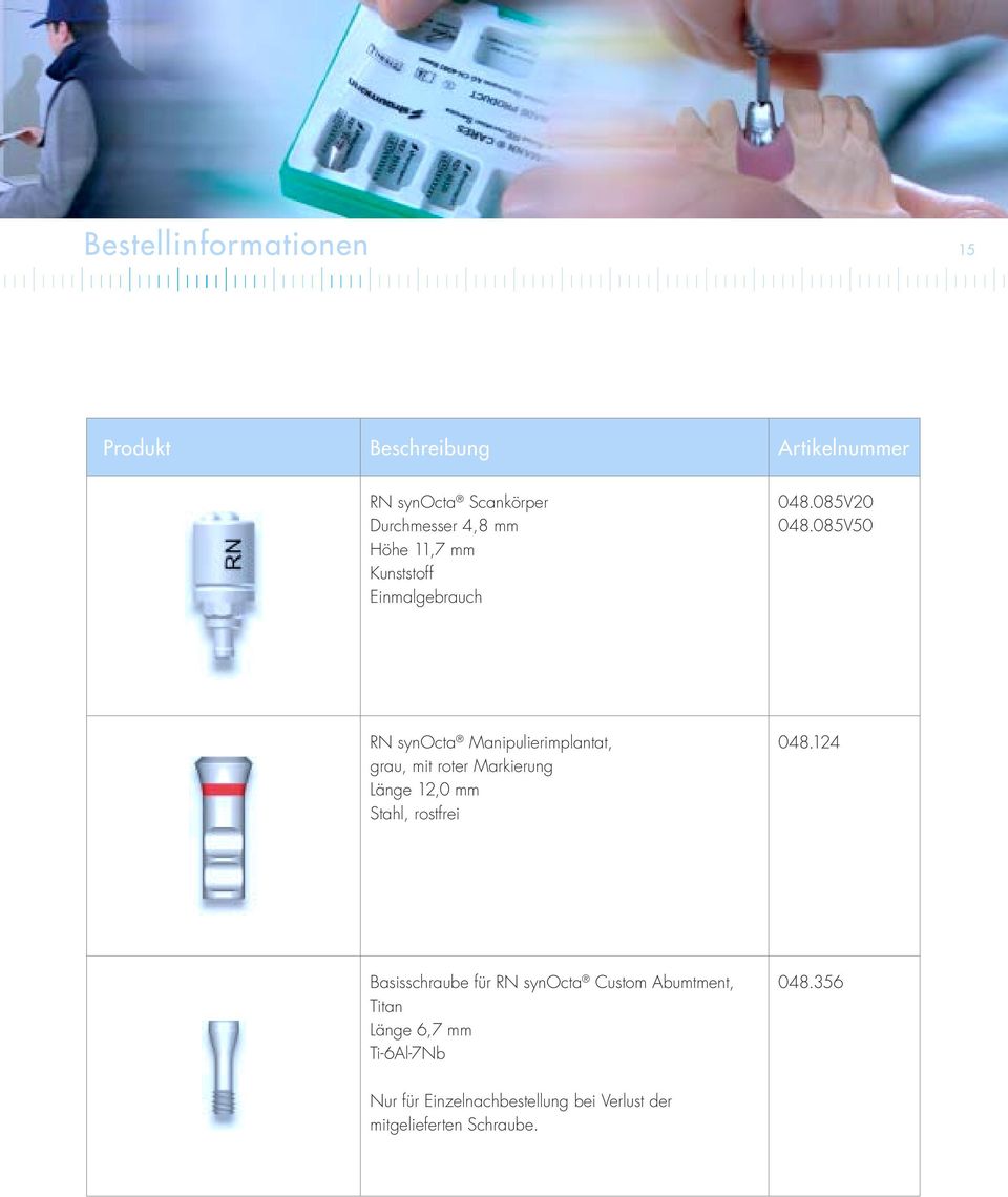 085V50 RN synocta Manipulierimplantat, grau, mit roter Markierung Länge 12,0 mm Stahl, rostfrei 048.