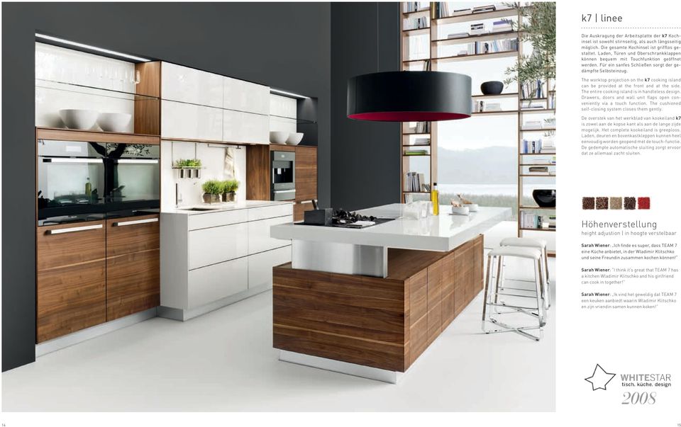 The worktop projection on the k7 cooking island can be provided at the front and at the side. The entire cooking island is in handleless design.