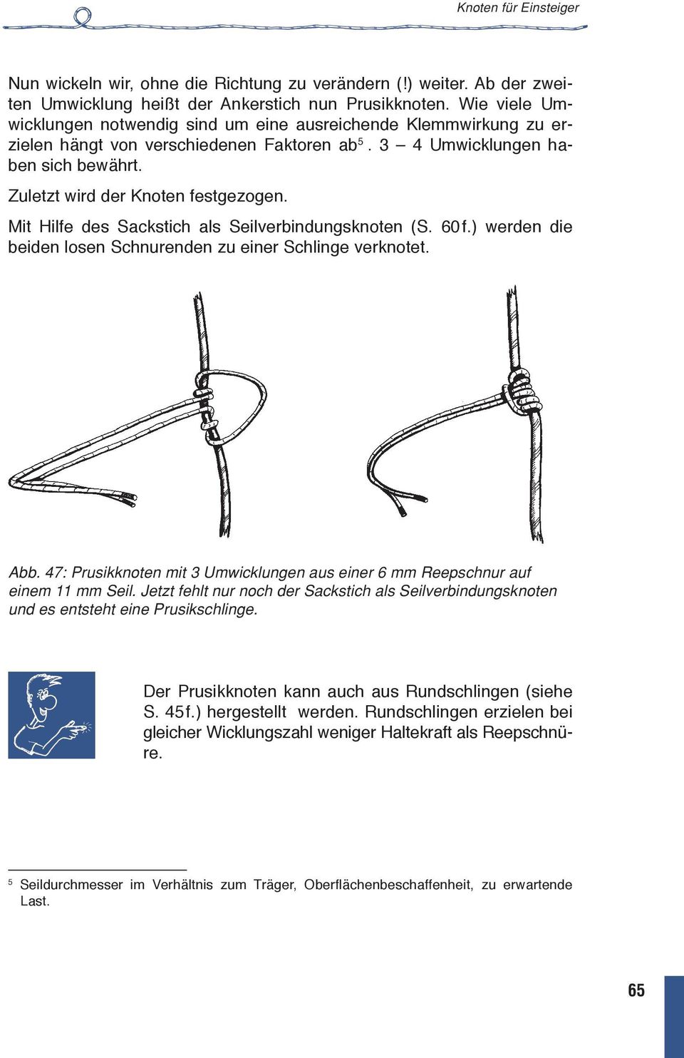 Mit Hilfe des Sackstich als Seilverbindungsknoten (S. 60f.) werden die beiden losen Schnurenden zu einer Schlinge verknotet. Abb.