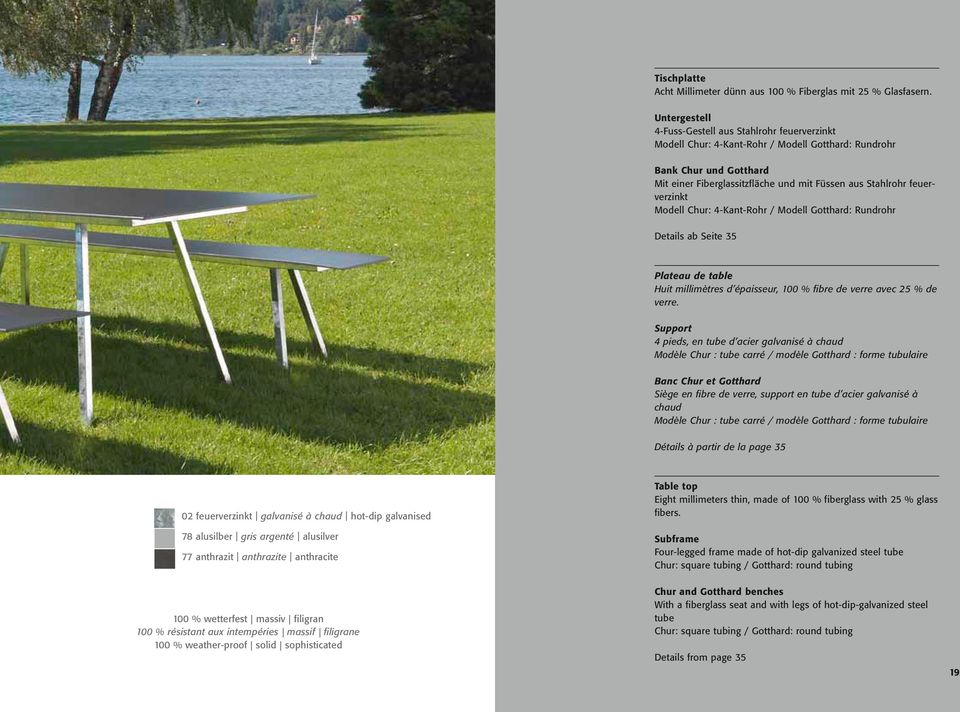 feuerverzinkt Modell Chur: 4-Kant-Rohr / Modell Gotthard: Rundrohr Details ab Seite 35 Plateau de table Huit millimètres d épaisseur, 100 % fibre de verre avec 25 % de verre.