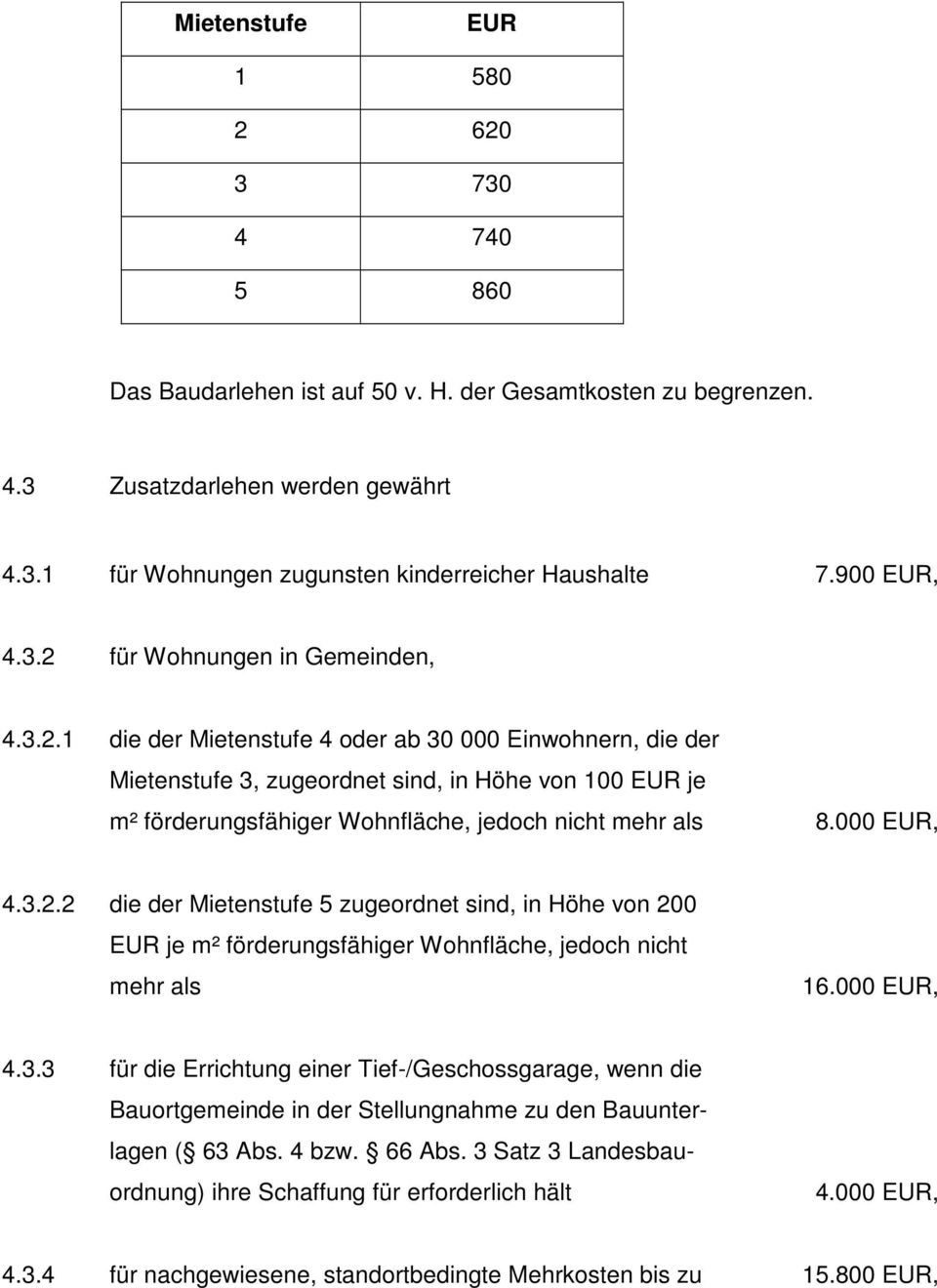 000 EUR, 4.3.2.2 die der Mietenstufe 5 zugeordnet sind, in Höhe von 200 EUR je m² förderungsfähiger Wohnfläche, jedoch nicht mehr als 16.000 EUR, 4.3.3 für die Errichtung einer Tief-/Geschossgarage, wenn die Bauortgemeinde in der Stellungnahme zu den Bauunterlagen ( 63 Abs.