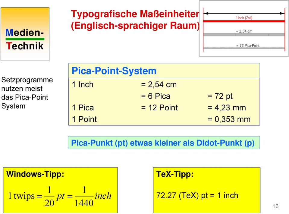 12 Point = 4,23 mm 1 Point = 0,353 mm Pica-Punkt (pt) etwas kleiner als Didot-Punkt