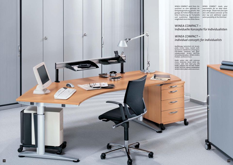 WINEA COMPACT meets your requirements for an ideal workplace design. Shown here: free style desk with lateral extension of the desk top and additional organisation possibility at the third level.